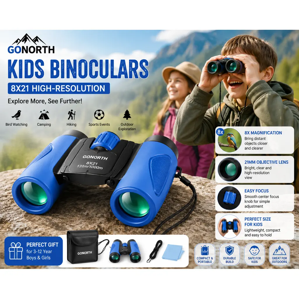 GoNorth Explorer Kids Binoculars 8x21 – Compact High-Definition Binoculars for Bird Watching, Camping, Hiking & Outdoor Adventures