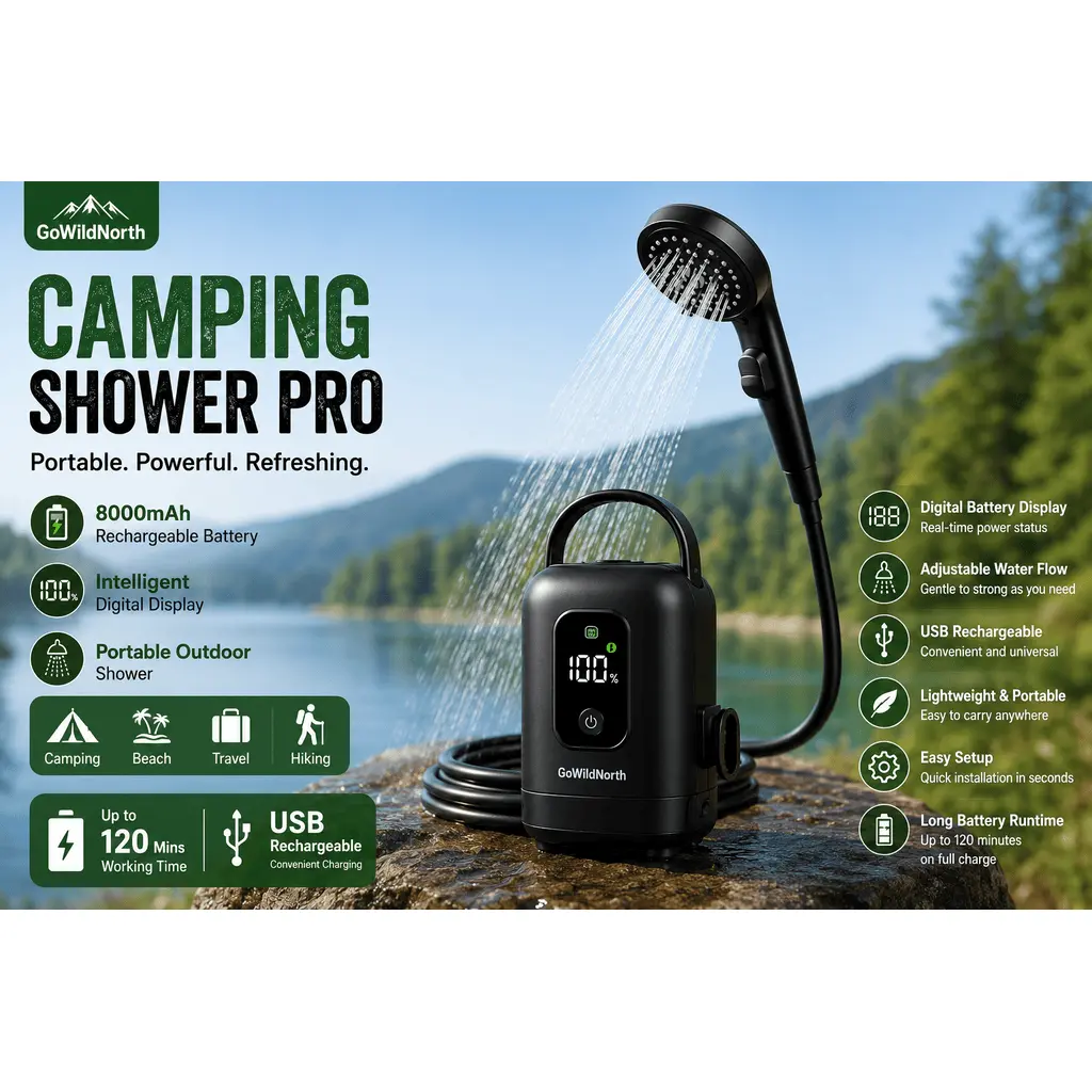 GoNorth Portable Camping Shower Pro 8000mAh Rechargeable Outdoor Shower with Digital Display