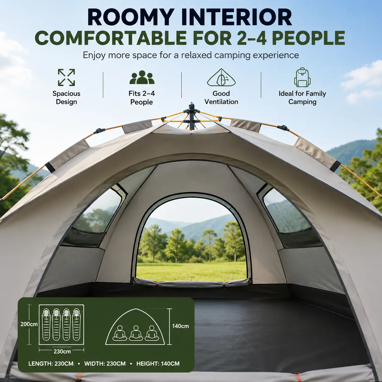 GoNorth Gold Portable Camping Tent for 2–4 People with Storage Carry Bag - Waterproof - Image 3