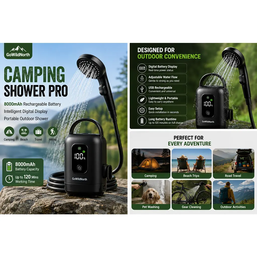 GoNorth Portable Camping Shower Pro 8000mAh Rechargeable Outdoor Shower with Digital Display - Image 2